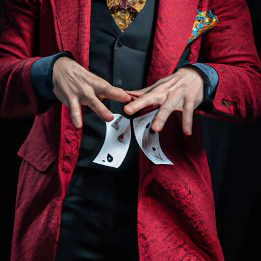 3. תמונה המתארת קוסם מבצע טריק, עם דגש על הטקטיקה והחוטת היד שלו.