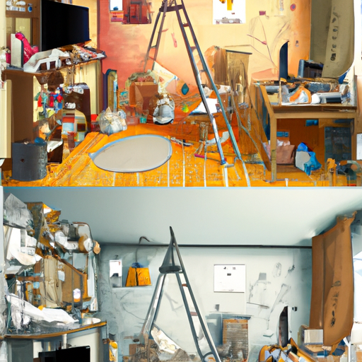 1. תמונה המציגה השוואה לפני ואחרי של חדר קטן ומבולגן שהיה מאורגן.